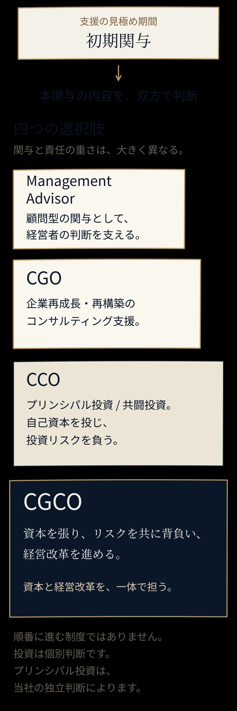 初期関与の後に選ぶ、Management Advisor・CGO・CCO・CGCOの四つの関与の全体像